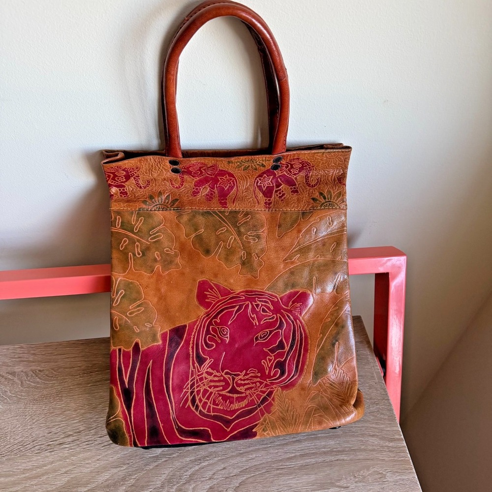 Vintage Leather Satchel Colorful Embossed Tiger Hand Bag India Boho 90s